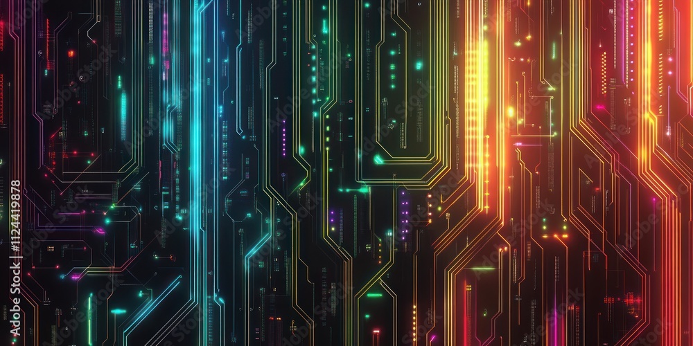 Aufkleber vibrant abstract circuit pattern with neon gradient colors and glowing effects