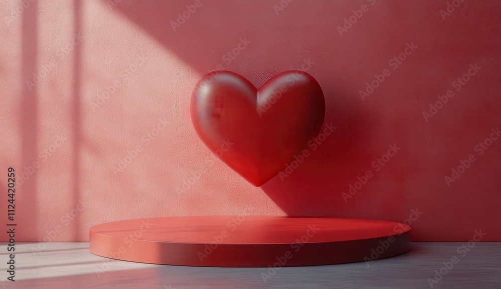 Aufkleber heart sculpture on minimalist stage surrounded by soft red lighting and shadows creating a romantic 