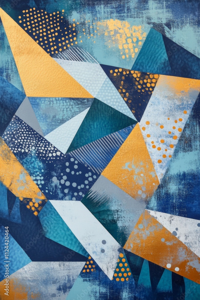 Poster abstract geometric art in blue and gold: modern colorful background with triangles and patterns for 