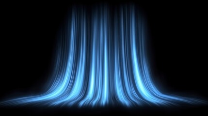 Cold air flow from conditione. Waterfall. Air light effect blue rays. Freezing wind waves air blowing effect. Abstract directional optical fiber neon lines on black Air cooling process, Background.