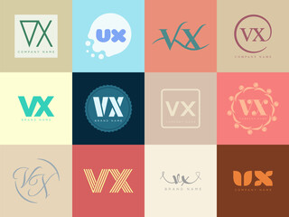 VX logo company template. Letter v and x logotype. Set different classic serif lettering and modern bold text with design elements. Initial font typography.