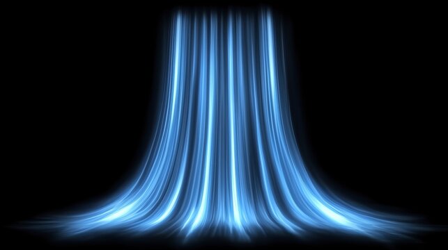 Cold air flow from conditione. Waterfall. Air light effect blue rays. Freezing wind waves air blowing effect. Abstract directional optical fiber neon lines on black Air cooling process, Background.