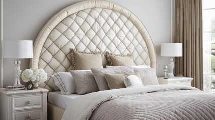 Elegant bedroom with curved tufted headboard, neutral bedding, and bedside tables.