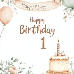 Watercolor first birthday card design with cake, balloons, and flowers.