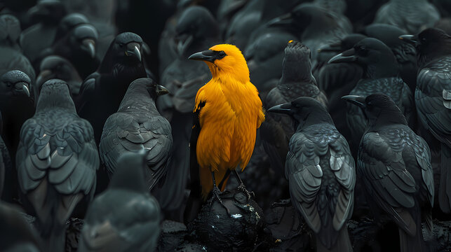 Golden Bird Amongst Crows: A vivid yellow bird stands out in a sea of black crows, symbolizing individuality, uniqueness, and standing out from the crowd.