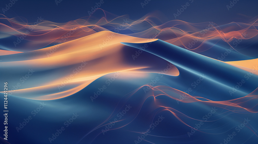 Poster sand dunes with fluid shapes and the interplay of light and shadow in the desert.