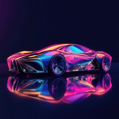 Naklejka premium Futuristic iridescent sports car reflected on dark surface.