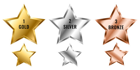 A set of prize stars to be awarded. Gold, silver, bronze star. First, second, and third places.