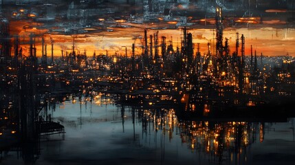 Naklejka premium A city skyline with many factories and a lot of smoke. The sky is purple and the city is lit up