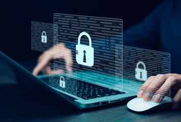 man using laptop with binary code lock , representing data flow in technology or cyber security...