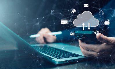 Cloud technology concept Global network of metaverse systems concept, Man hand touch data with...