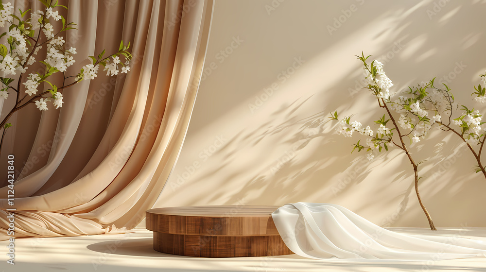Poster serene spring display: a minimalist scene featuring a round wooden display stand draped with sheer f