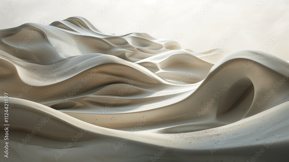 Poster sand dunes with fluid shapes and the interplay of light and shadow in the desert.