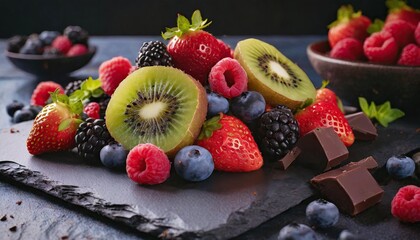  arrangement of fresh kiwi, raspberries, strawberries, blackberries, and blueberries, artfully paired with dark chocolate