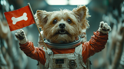 Terrier dog as an astronaut holding a bone flag in a futuristic spacecraft