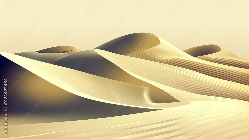 Poster sand dunes with fluid shapes and the interplay of light and shadow in the desert.