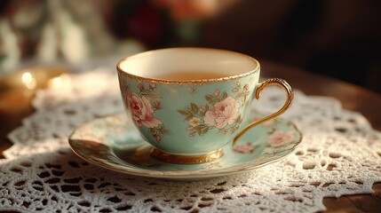 Teacup of tea on lace doily, floral pattern, warm light.