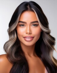 Naklejka premium A close-up of a woman with flawless, glowing skin and soft makeup, showcasing a natural beauty against a light, neutral background