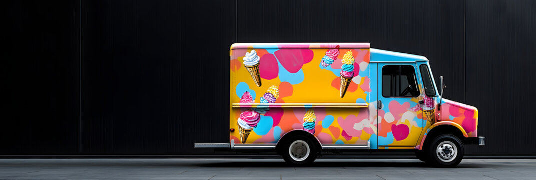 Colorful Ice Cream Truck at Sunset in Urban Setting black background