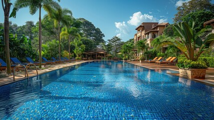 Luxurious resort pool with palm trees and tropical landscaping.