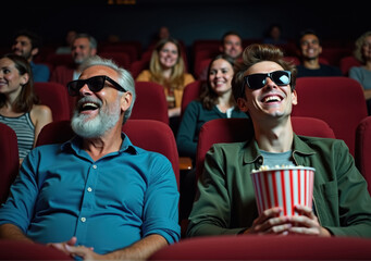 Two men in a cinema audience laughing, wearing sunglasses and holding popcorn.