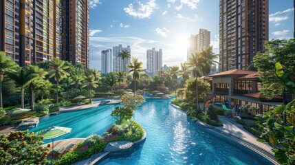 Naklejka premium Luxurious resort pool with skyscrapers and lush landscaping.