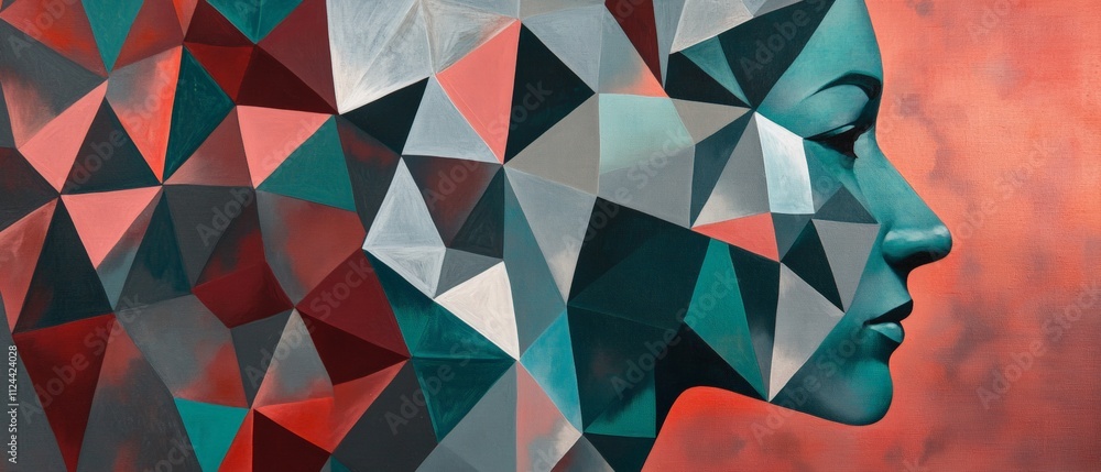 Poster abstract geometric portrait: colorful facade of a womans profile with triangular shapes and textured