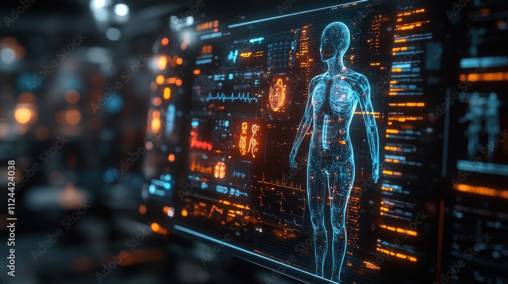 Aufkleber digital human anatomy interface with data visualization elements.