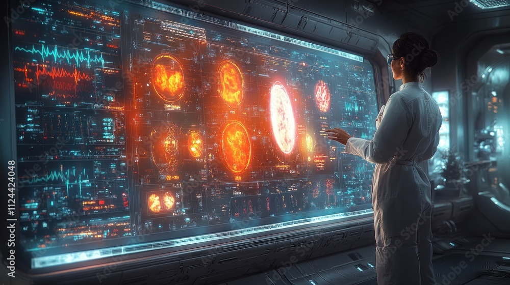 Poster scientist analyzing cosmic data on a futuristic display.