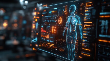 Fototapeta premium Digital human anatomy interface with data visualization elements.