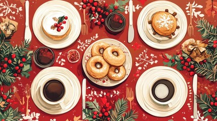 A Festive Christmas Morning Table Setting with Delicious Treats and Warm Drinks