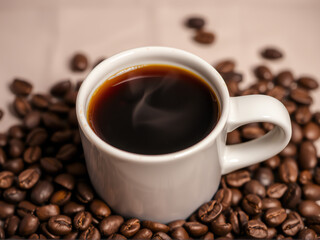 Obraz premium Coffee beans scattered around a steaming cup of coffee, showcasing a rich and inviting beverage experience.