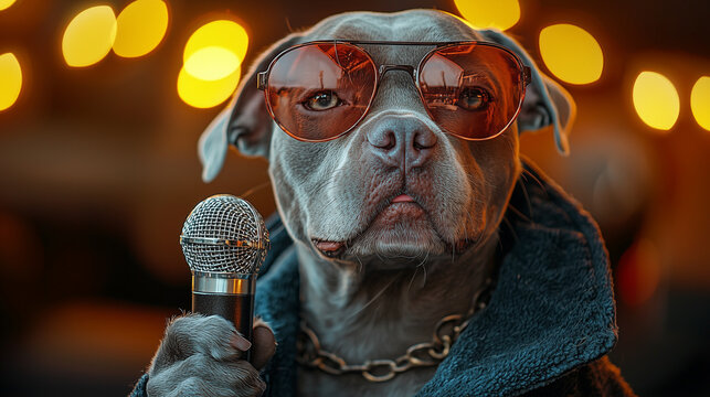 Bulldog with a Microphone and Sunglasses in a Concert Scene