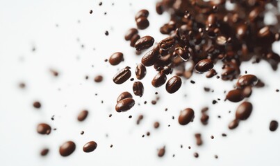 Obraz premium High-Resolution Close-Up of Falling Coffee Beans in Mid-Air Against a Soft Background Perfect for Culinary, Beverage, and Coffee-Related Themes