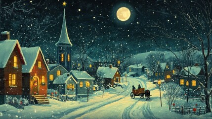 Fototapeta premium A Magical Christmas Eve Night in a Snowy Village: Horse-Drawn Carriage Under a Full Moon
