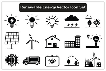 Renewable Energy Vector Icon Set, Solar Panels, Wind Turbines, and Clean Energy Bulbs, Silhouettes and Illustrations Background.