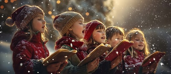 children singing Christmas carols in the snow