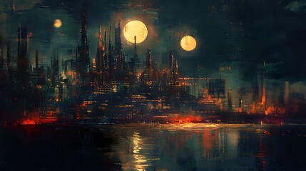 A city with many factories and a river. The sky is dark and the city is lit up with fires