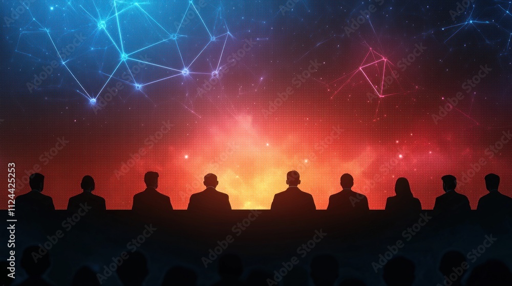 Poster innovative technology presentation conference room digital display futuristic setting audience persp