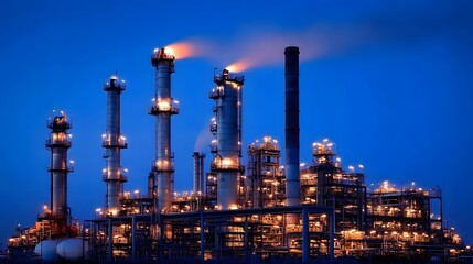 Obraz premium A city with many factories and a river. The sky is dark and the city is lit up with fires