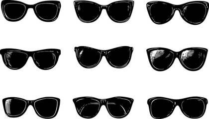A stylish collection of various black sunglasses designs, showcasing trendy eyewear options suitable for summer and outdoor activities.