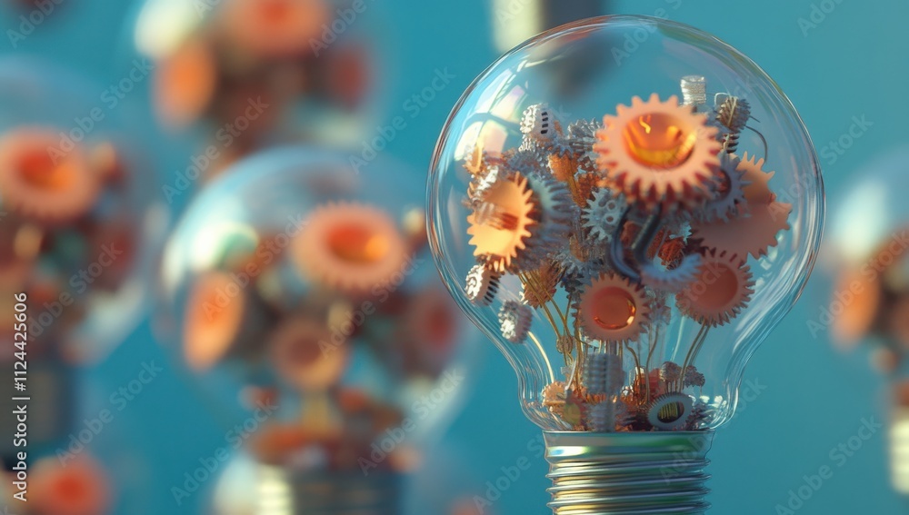 Poster innovative light bulb design with gears symbolizing creativity and intelligence in technology, scien