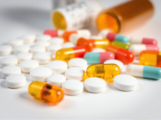 Pills and capsules scattered on a clean white surface, showcasing various shapes and colors.