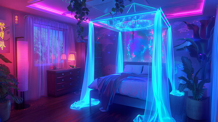Neon Dreams Bedroom: A cozy and inviting bedroom with a four poster bed draped in ethereal neon blue and purple lighting, creating a dreamy and magical atmosphere. The room is adorned with plants.