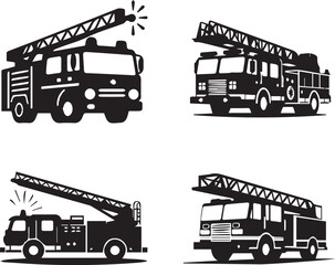 Silhouette Set of Fire Trucks with Ladders - Vector Illustration