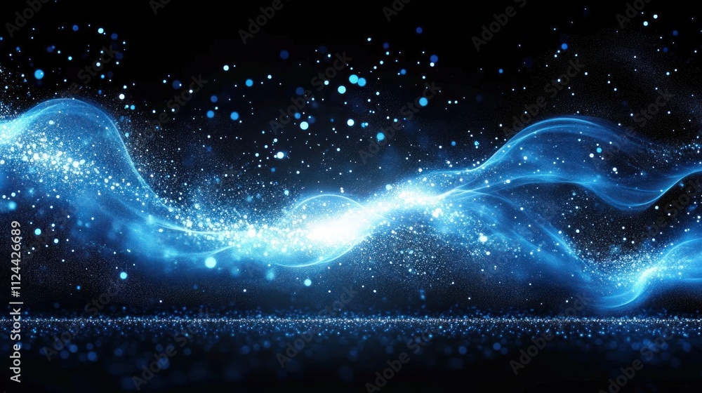Poster dynamic abstract energy flow with bright blue light in dark space