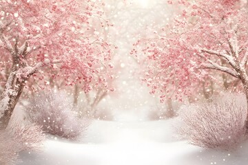 Fototapeta premium Snow-Covered Pink Trees in Winter Wonderland