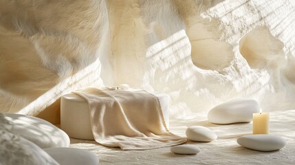 Serene spa setting with soft textures and calming light 