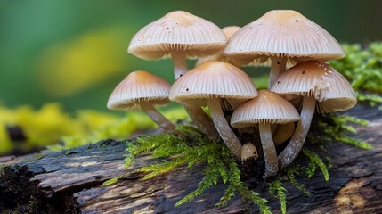 Fototapeta premium Ethereal Mushroom Emergence from Weathered Log in Lush Forest Scene