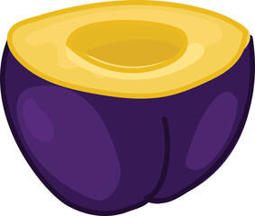 Illustration of a sliced plum purple exterior and a golden-yellow interior.